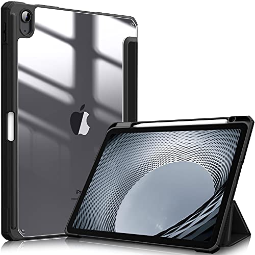 Fintie Hybrid Slim Case for iPad Air 5th Generation (2022) / 4th (2020) 10.9 Inch - [Built-in Pencil Holder] Shockproof Cover with Clear Transparent Back Shell, Black