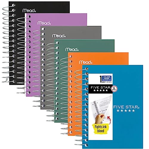 Five Star Spiral Notebooks, 6 Pack, Fat Lil' Pocket Notebooks, College Ruled Paper, 3-1/2' x 5-1/2', Small, 200 Sheets, Purple, Orange, Green, Blue, Gray, Black (38027)