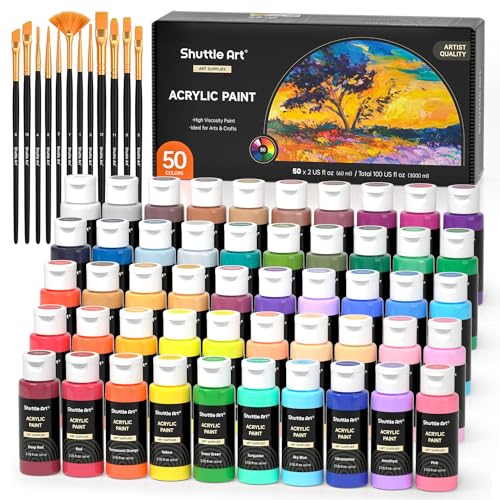 Shuttle Art Acrylic Paint, 50 Colors Acrylic Paint Set, 2oz/60ml Bottles, Rich Pigments, Water Proof, Premium Acrylic Paints for Artists, Beginners and Kids on Canvas Rocks Wood Ceramic Fabric