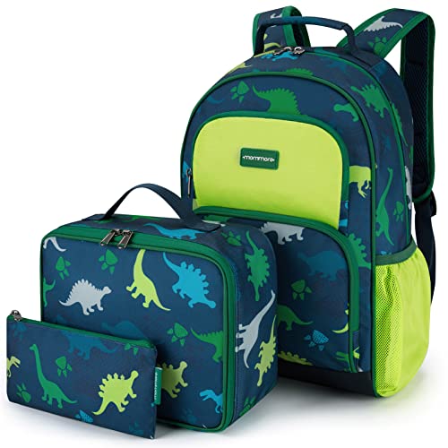 mommore Kids Backpack Set, Dinosaur Backpack for Kids Lightweight Elementary Bookbag for Students School backpack for Children with Chest Strap Water Resistant,3pcs green