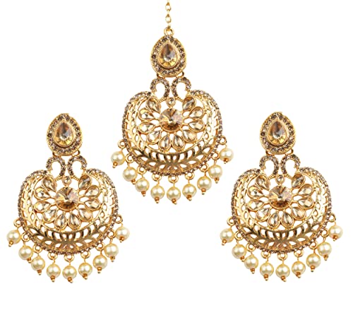 Bindhani Golden Stone Punjabi Style Large Maang Tikka & Indian Earrings For Women