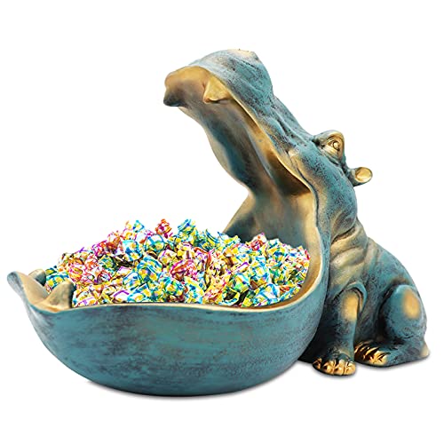 aboxoo Hippo Statue Home Resin Hippopotamus Figurine Fun Candy Dish,Key Bowl,Big Mouth Sculpture Table Art Decoration Sundries Container Storage Box(Dark Blue)