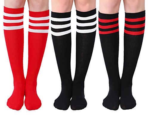 Joulli Women's Knee High Athletic Socks Stripe Tube Outdoor Sport Socks 3 Pairs, Black Mix
