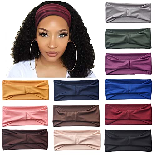 Carede 12 Pack Wide Headbands for Women No slip Stretchy Boho Hair Bands, Soft Elastic Yoga Workout Running Thick Wicking Sweat Bands Solid colors Head Wrap