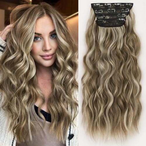 ALXNAN Clip in Long Wavy Synthetic Hair Extension 20 Inch Medium Brown Ash Blonde 4PCS Thick Hairpieces Fiber Double Weft Hair for Women