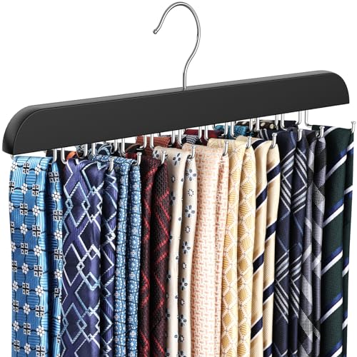RESOVO Upgraded Tie Rack Hanger with 20 Foldable Metal Hooks, Space Saving Necktie Organizer for Men – Large Capacity Tie and Belt Wooden Hanger for Closet - Black