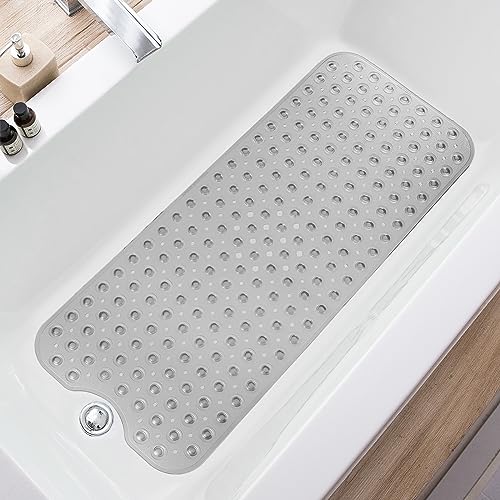 TEESHLY Extra Long Non-Slip Bath Mat with Drain Holes and Suction Cups, 39 x 16 Inch Mat for Bathtub and Shower, Machine Washable (Clear Grey)