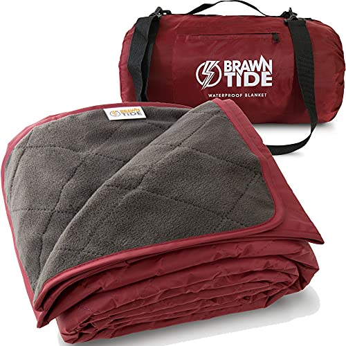 BRAWNTIDE Large Outdoor Waterproof Blanket - Quilted, Extra Thick Fleece, Warm, Windproof, Ideal Stadium Blanket, Camping Blanket, Great for Beaches, Festivals, Parks, Yoga, Pets, Dogs (Wine)