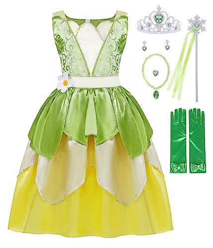 COTRIO Green Fairy Tale Fancy Dresses Girls Frog Princess Tiana Dress Toddler Kids Birthday Party Halloween Costume Outfits with Accessories Role Play Clothes Size 6 (5-6 Years, Green)