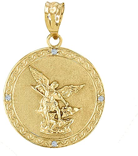 10K Yellow Gold Saint Michael The Archangel Diamond Accented Medal Pendant (G-H Color, SI1-SI2 Clarity)