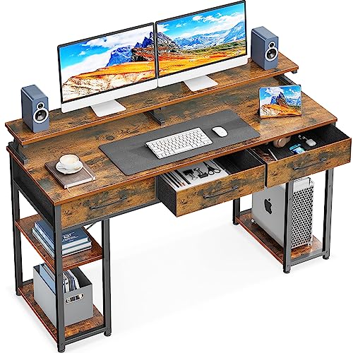 ODK Computer Desk with Drawers and Storage Shelves, 55 inch Home Office Desk with Monitor Stand, Modern Work Study Writing Table Desk for Small Spaces, Vintage