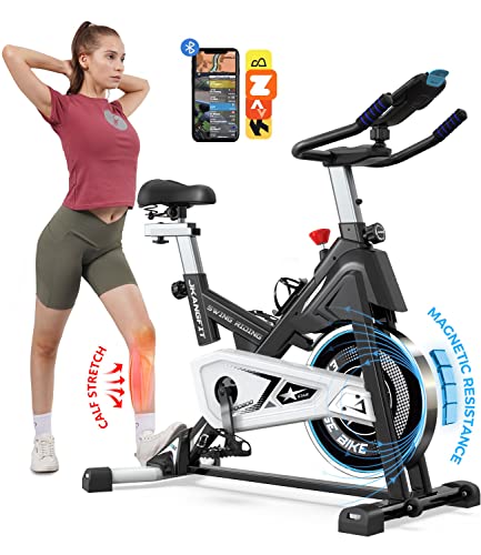 Pooboo Magnetic Exercise Bike Stationary, Indoor Cycling Bike with Built-In Bluetooth Sensor Compatible with Exercise bike apps& Ipad Mount, Comfortable seat and Slant Board, Silent Belt Drive, 350LBS