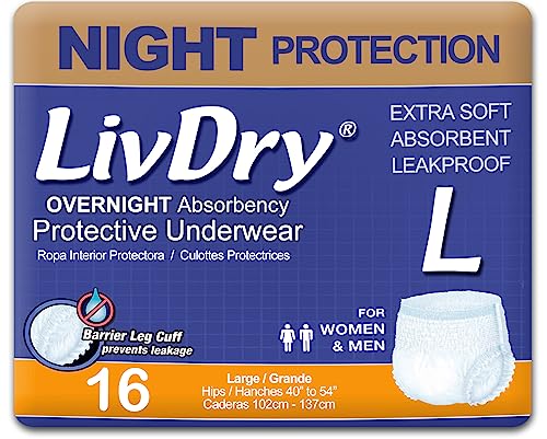 LivDry Adult Diapers Large Incontinence Underwear, Overnight, Leak Protection, 16-Pack