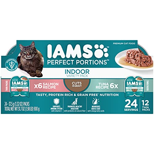 IAMS PERFECT PORTIONS Indoor Adult Grain Free Wet Cat Food Cuts in Gravy Variety Pack, Tuna Recipe and Salmon Recipe, (12) 2.6 oz. Easy Peel Twin-Pack Trays