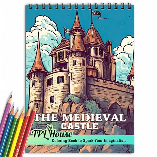 TPLHOUSE The Medieval Castle Coloring Book Spiral Bound for Adults, Premium Cover, 30 Architectural Structures Coloring Pages for Stress Relief and Relaxation