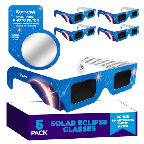 Solar Eclipse Glasses Approved 2024, (5 Pack) CE and ISO Certified Solar Eclipse Observation Glasses, Safe Shades for Direct Sun Viewing, Bonus Smartphone Photo Filter Lens, Blue Stars Design