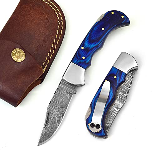 606BU Damascus Steel knife - Pocket Folding Knife with Clip - Handmade Custom knife - Damascus Pocket knife for Men – Cool Pocket Knife Good For Camping Hunting Fishing Indoor & Outdoors Activities - EDC Damascus knife - Folding Hunting Knives - Leather Sheath - Folding Pocket Knife by GladiatorsGuild 606BU (Blue)