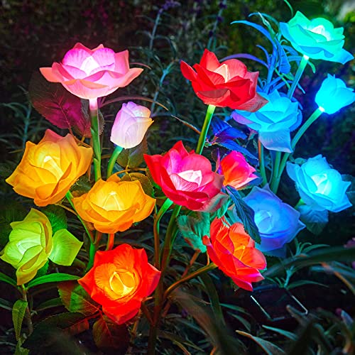 RECHOO Solar Garden Lights Outdoor Decorative, 3 Pack Solar Garden Lights with 15 Rose Flowers, Multi-Color Changing LED Waterproof Solar Powered Garden Decor for Patio Yard Pathway Decoration