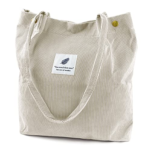 Ayieyill Corduroy Tote Bag for Women Canvas Shoulder Cord Purse with Inner Pocket（Beige）