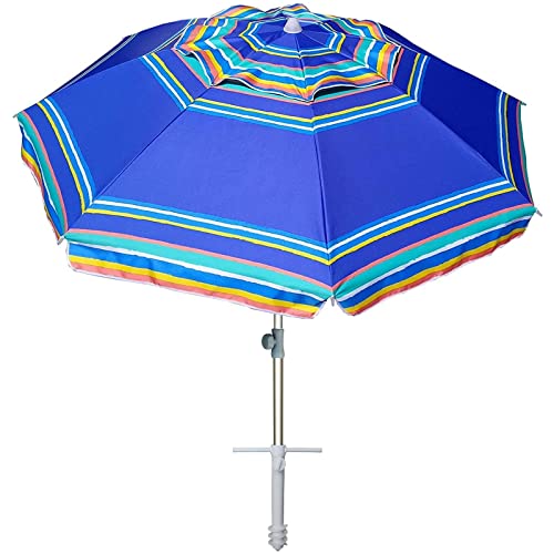 AMMSUN 7ft Heavy Duty High Wind Beach Umbrella Parasols with sand anchor & Tilt Sun Shelter, UV 50+ Protection Outdoor Sunshade Umbrellas Carry Bag for Patio Garden Pool Backyard Stripe Blue