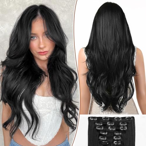 ALXNAN Clip in Hair Extension, 7PCS Hair Extension Thick Long Stright Layered Hair Extensions Black 20 Inch Invisible Lace Weft Hair Extensions for Women