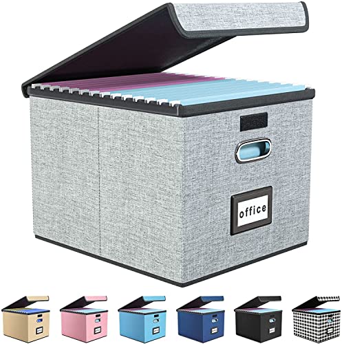 Huolewa Upgraded Portable File Organizer Box with Lid with Plastic Slide, Decorative Collapsible Linen Hanging Home/Office Filing System Box for File and Folders Storage (Gray)