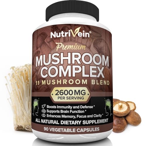 Nutrivein Mushroom Supplement - 2600mg - 90 Capsules - 11 Organic Mushrooms - Lions Mane, Cordyceps, Chaga, Reishi, Turkey Tail, Maitake, Shiitake, Agaricus, White Button, Oyster - Nootropic Complex