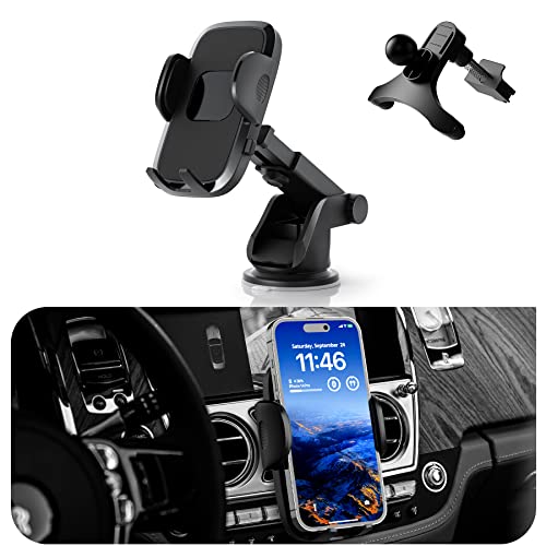 Amiss 3-in-1 Suction Cup Car Phone Mount, Cell Phone Holder for Windshield/Dashboard/Air Vent, Automobile Cradles, Car Interior Accessories, Fit for iPhone 11/12 & Samsung & Android - Black