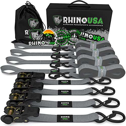 Rhino USA Ratchet Tie Down Straps (4PK) - 1,823lb Guaranteed Max Break Strength, Includes (4) Premium 1' x 15' Rachet Tie Downs with Padded Handles. Best for Moving, Securing Cargo (Gray 4-Pack)