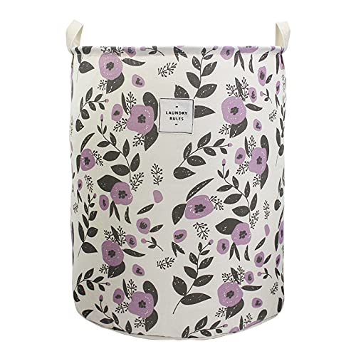 Mziart Collapsible Laundry Basket, Floral Printing Large Laundry Hamper for Baby Girls Kids Toys Clothes Organizer Foldable Storage Bin Waterproof Canvas Nursery Storage Basket with Handles (Purple)