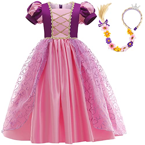 JOURPEO Girls Dress Puff Sleeve Princess Costume Dress Up Fancy Halloween Christmas Cosplay Party Costume (First Purple, 4-5 Years)