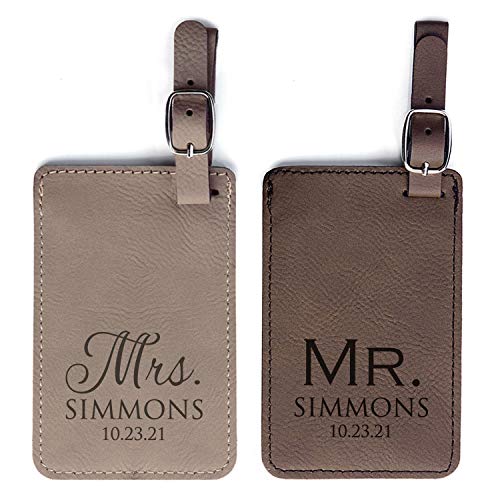 Personalized Mr & Mrs Luggage Tags Pair - Vegan Leather Wedding Luggage Tags (Light & Dark Brown)