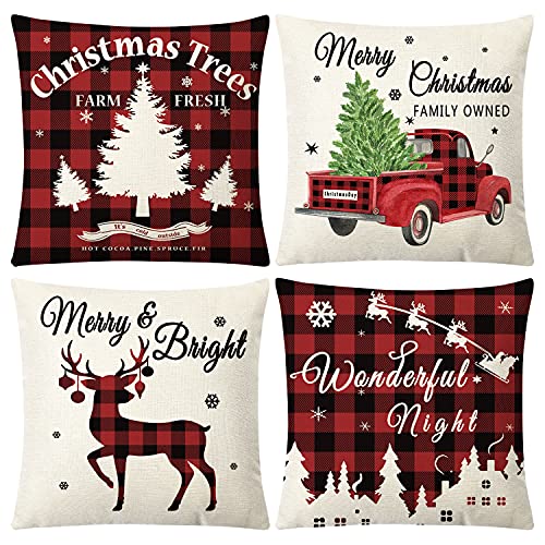 Sggvecsy Christmas Throw Pillow Covers 18x18 Inches Set of 4 Buffalo Plaid Tree Truck Deer Pillowcase with Rustic Cotton Linen Xmas Cushion Case Christmas Decorations for Home Couch Sofa Farmhouse…