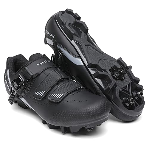 Kyedoo Mountain Bike Shoes Mens Cycling Shoes Quick Ratchet Buckle Compatible with SPD System Pedal for Indoor and Outdoor Mountain Road Biking Riding (SPD Clips Includes) Black Size 11