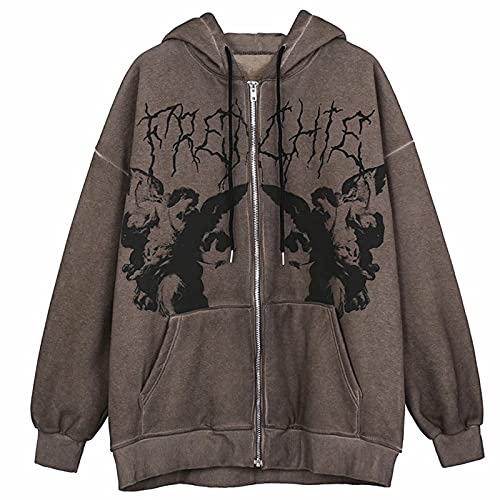 SOLILOQUY Women Vintage Angel Print Oversized Hoodies Zip Up Loose Fit Sweatshirt Y2K E-Girl Aesthetic Autumn Grunge Streetwear(Angel Brown,XL)