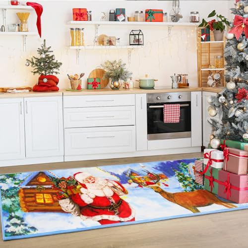 Merelax Christmas Runner Rug for Entrance Hallway Rug, Santa Welcome Door Mat Indoor Outdoor Non Slip Doormat, Washable Xmas Holiday Decoration Floor Carpet for Living Room Bedroom Kitchen, 2x6 Feet