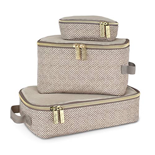 Itzy Ritzy Packing Cubes - Set of 3 Packing Cubes or Travel Organizers; Each Cube Features a Mesh Top, Double Zippers and a Fabric Handle; Taupe