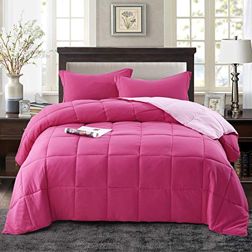 HIG 3pc Pink Twin/Twin XL Comforter Set - All Season Reversible Down Alternative Comforter with Sham - Quilted Duvet Insert with Corner Tabs - Box Stitched Blanket - Super Soft, Fluffy