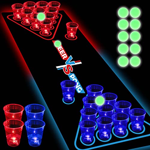 HIOHWEFH 71 * 23inch Glow Beer Pong Table Mat Set, Glowing Portable Pong Set for Party Games, Glow in The Dark Party Festivals Indoor Outdoor, 32 Glowing Party Cups(Red&Blue), 12 Glowing Pongs