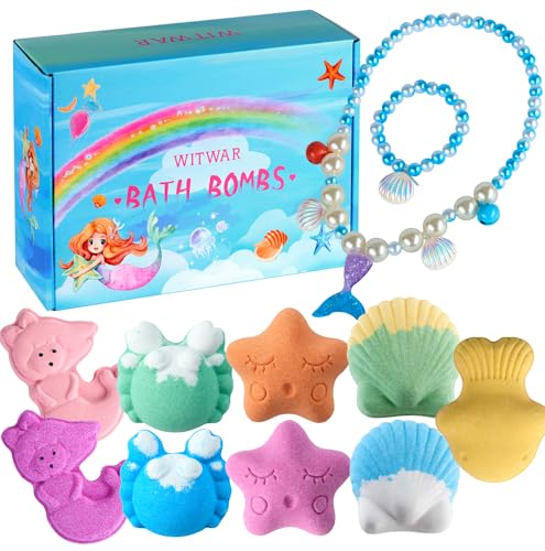 9PCS Bath Bombs for Kids Girls - Bubble Bathbombs Set with Jewelry Toys Gift Mermaid Organic Bath Bomb Gift Set Skin Moisturizing for Birthday Christmas New Year
