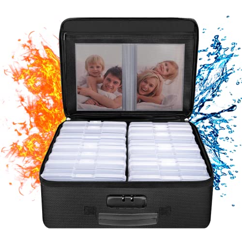 ENGPOW Fireproof Photo Storage Box with 16 Inner 4' x 6' Photo Case(Clear),Photo Box Organizer with Lock,Collapsible Portable Photo Storage Containers with Handle for Photos,Picture,Valuables