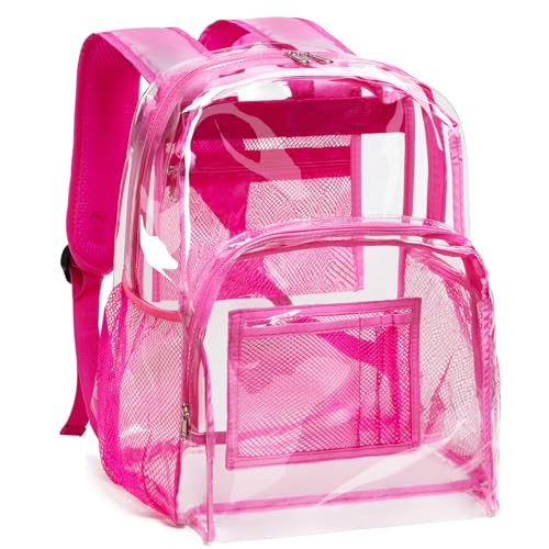 Vorspack Clear Backpack Heavy Duty PVC Transparent Backpack with Reinforced Strap Stitches & Large Capacity for College Workplace Security - Pink