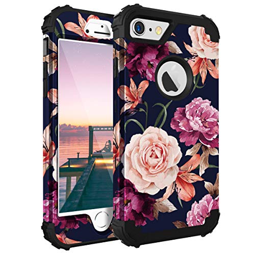 iPhone 6s Case,Casewind iPhone 6 Case Floral Design 3 in 1 Heavy Duty Hybrid Protection PC & Silicone Snug Fit Bumper Shockproof Anti-Scratch Hard Cover iPhone 6 & 6s Case,Navy Blue