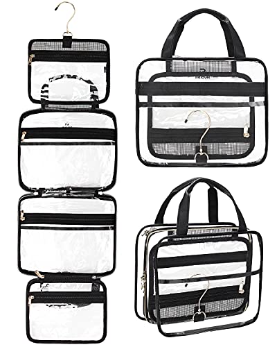 Hanging Toiletry Bag, Clear Travel Toiletry Bag with Detachable TSA Approved Clear Bag Airline 3-1-1 On Compliant Bag Large Makeup Bag for Men and Women (Black)