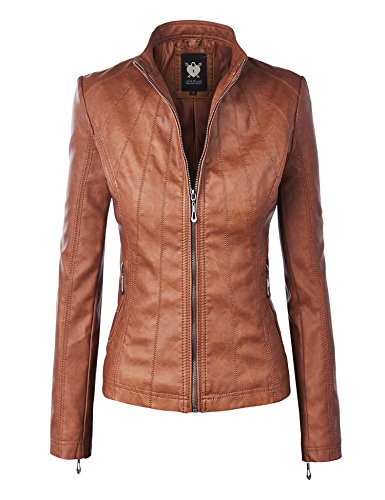 Lock and Love LL WJC877L Womens Panelled Faux Leather Moto Jacket Small Camel
