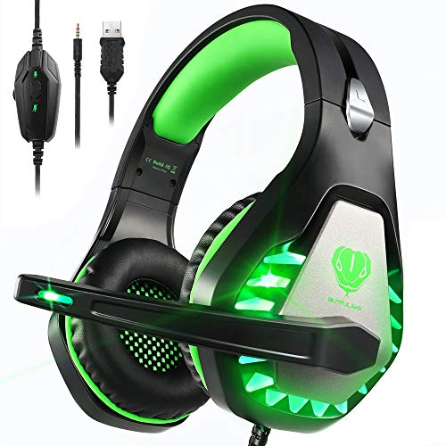 Pacrate Gaming Headset with Microphone for Switch PC PS4 PS5 Xbox One Noise Cancelling Gaming Headphones with LED Lights for Kids Adults Black Green