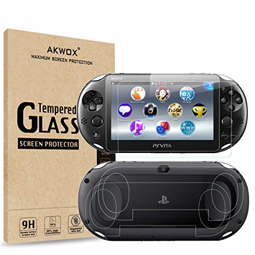 AKWOX (4-Pack) 2 Front+2 Back Covers Screen Protectors for Sony PlayStation Vita 2000, 9H Tempered Glass Front Screen Protector and HD Clear PET Back Screen Protective Film for PS Vita PSV 2000