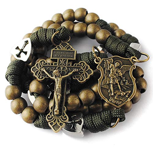 HanlinCC Large and Heavy Antique Bronze Metal Beads Rugged Durable Paracord Rosary Necklace with St.Michael Center Piece and Pardon Crucifix for Men (Bronze St.Michael Rosary)
