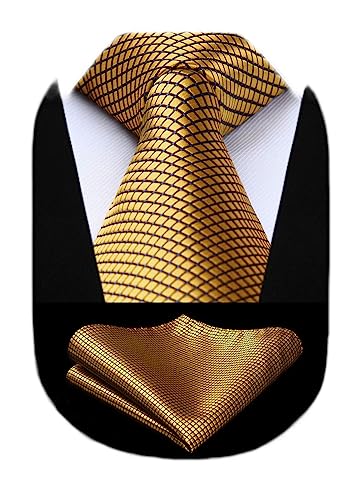 HISDERN Gold Ties for Men Yellow Gold Tie Pocket Square Set Classic Gold Mens Ties Silk Woven Necktie Handkerchief Formal Business Neckties Party