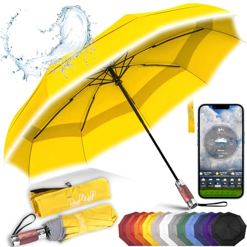 Royal Walk Windproof Folding Travel Umbrella Compact and Strong Luxurious Real Wood Handle Automatic Open Close Vented Double Canopy for Men and Women